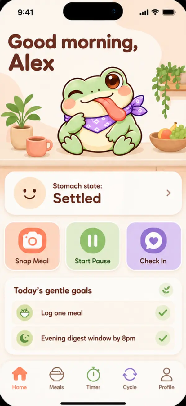 Tidbit home screen showing Stomach state: Settled, with buttons to snap a meal, start a pause and check in