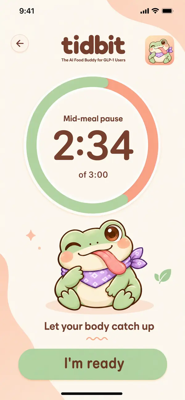 Tidbit mid-meal pause timer at 2:34 of 3:00 with the message: Let your body catch up